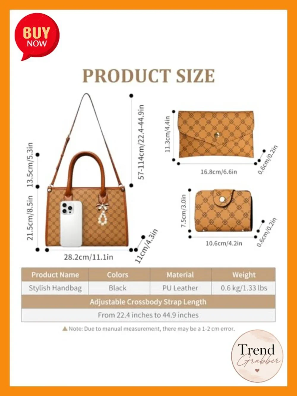 Women Satchel Handbag PU Leather Shoulder Tote 3 Piece Set